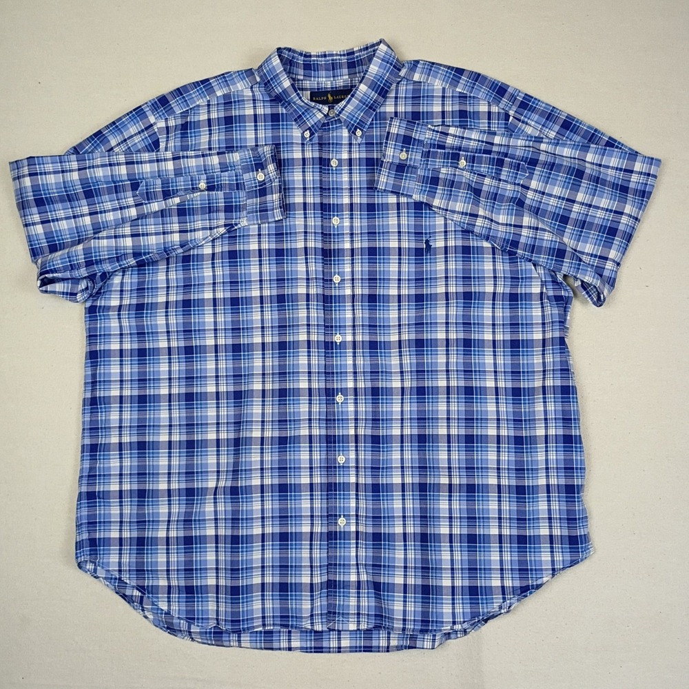 Ralph Lauren Mens 2XB Blue White Plaid Button Down Shirt Classic Fit Big & Tall